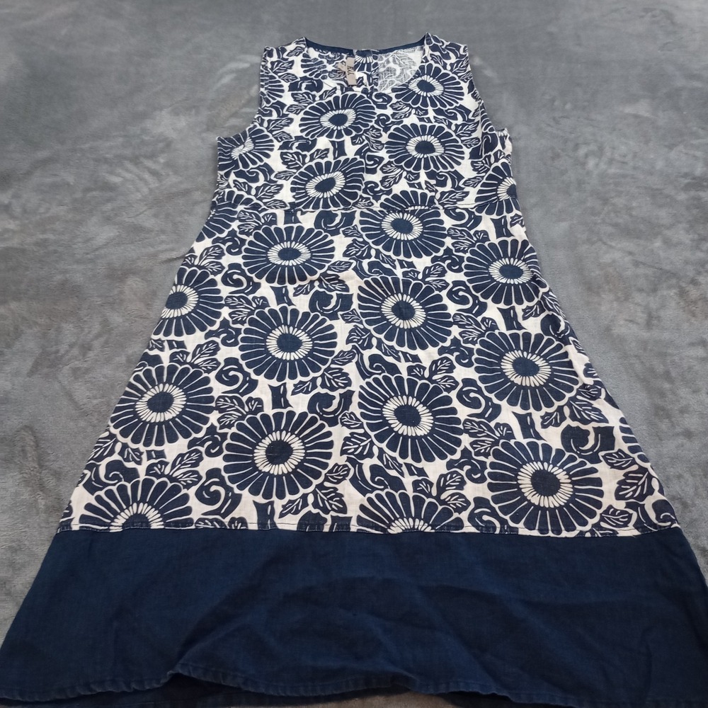 FLAX Linen Dress Womens P 4-6 Blue White‎ Floral Sleeveless Shift Casual Resort